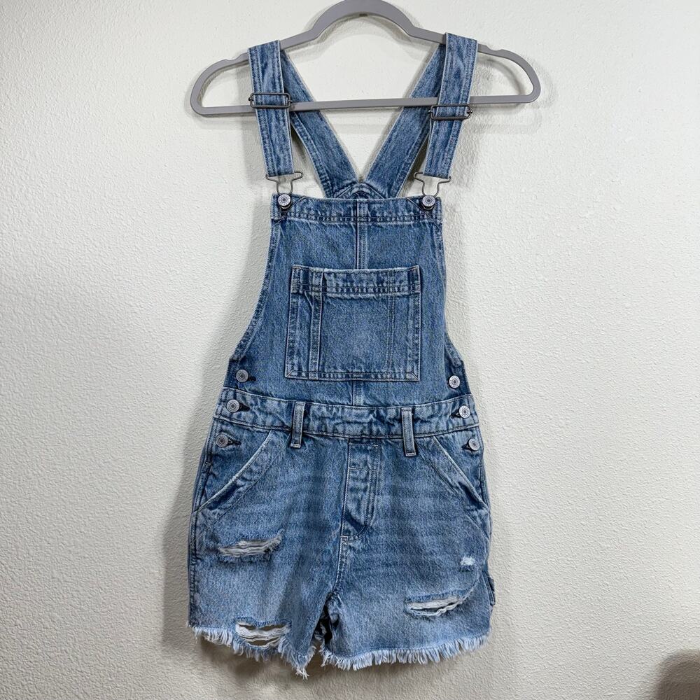 Vtg 90s Y2k Distressed Denim Carpenter Overall Shorts Grunge Indie Soft Girl XS